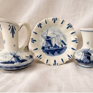 Blue and White Ceramic Delft  Windmill Art Set